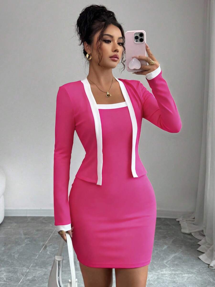 Elenzga Đầm ngắn ôm sát tay dài 2 trong 1 dành cho nữ - Màu Hồng Tươi - Xem 1