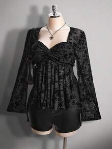 SHEIN ICON 大码女式黑色针织上衣，胸前饰有打结植绒花朵，娃娃衫针织上衣，Y2K风格服装，适合毕业季和返校季的秋季服装，可爱女式上衣，娃娃衫款式。 - 黑色 - 查看 4