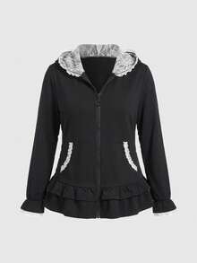 ROMWE Goth Plus Size Women Casual Commuter Cute 3D Cat Ear Contrast Lace Ruffle Hem Zip Up Fitted Sweatshirt - Black - View 4