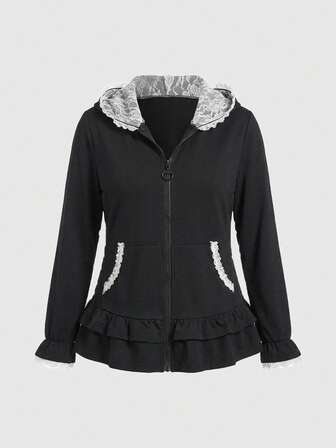 Goth Damen Große Größen Lässig Pendler Süßer 3D Katzenohr Kontrast Spitze Rüschen Saum Reißverschluss Passform Kapuzen Sweatshirt