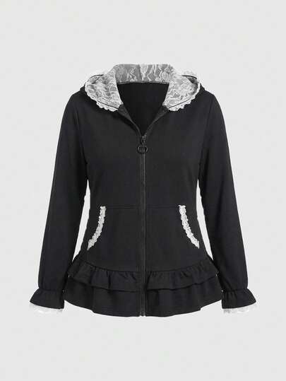 Goth Plus Size Women Casual Commuter Cute 3D Cat Ear Contrast Lace Ruffle Hem Zip Up Fitted Hoodie Sweatshirt