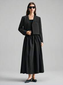 Ontre 2026春夏新款女士梭织面料西装外套，H型设计，长袖，黑色，宽松版型，适合情人节、婚礼季、独立日、都市时尚、通勤简约风等场合。 - 黑色 - 查看 1