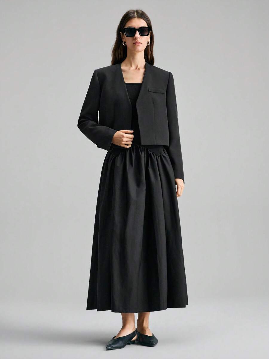 Ontre 2026春夏新款女士梭织面料西装外套，H型设计，长袖，黑色，宽松版型，适合情人节、婚礼季、独立日、都市时尚、通勤简约风等场合。 - 黑色 - 查看 1