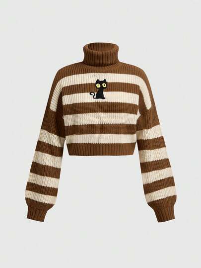Kawaii Suéter de cuello alto a rayas con bordado de gato negro casual y lindo para niñas