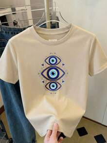 Camiseta de Manga Corta  con Estampado de Ojos Turcos y Detalles Geometricos para Uso Diario y Estilo Casual - Albaricoque - Ver 2