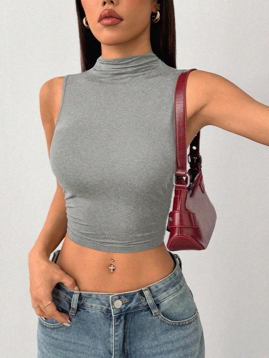 Women Solid Mock Neck Ruched Crop Tank Top High Neck Top Gray Top Grey Top Grey Crop Top Crop Top Sleeveless Crop Top Mock Neck Top Gray Crop Top - Light Grey - View 1