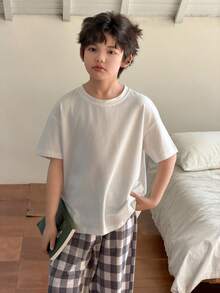 DAZY Tween Boy Solid Color Crew Neck Short Sleeve T-Shirt And Plaid Pants Pajama Set Spring - White - View 4