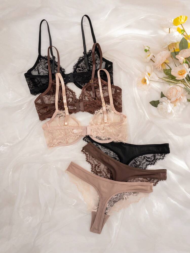 Seduluxe 6pcs/Set Women Lace Underwire Soft Cup Comfortable Bra Set - Multicolor - View 2
