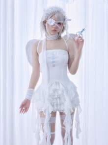 ROMWE Kawaii 女士十字印花不对称荷叶边修身吊带背心 - 白色 - 查看 2