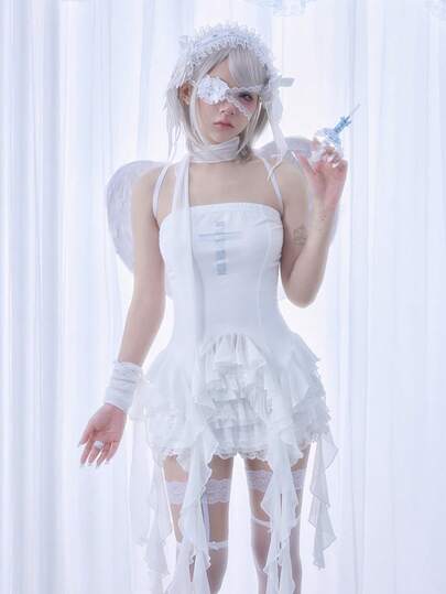 Kawaii Women's Cross Print Asymmetric Ruffle Hem Fitted Camisole