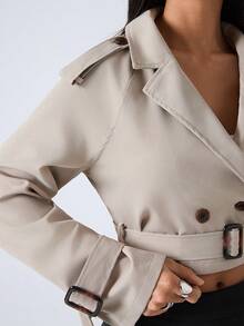 LYSMO Double Button Buckle Cuff Crop Trench Coat In Fall/Winter - Apricot - View 6
