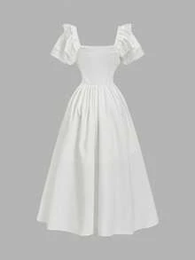 SHEIN MOD 女士纯色荷叶边心形领优雅连衣裙 - 白色 - 查看 6