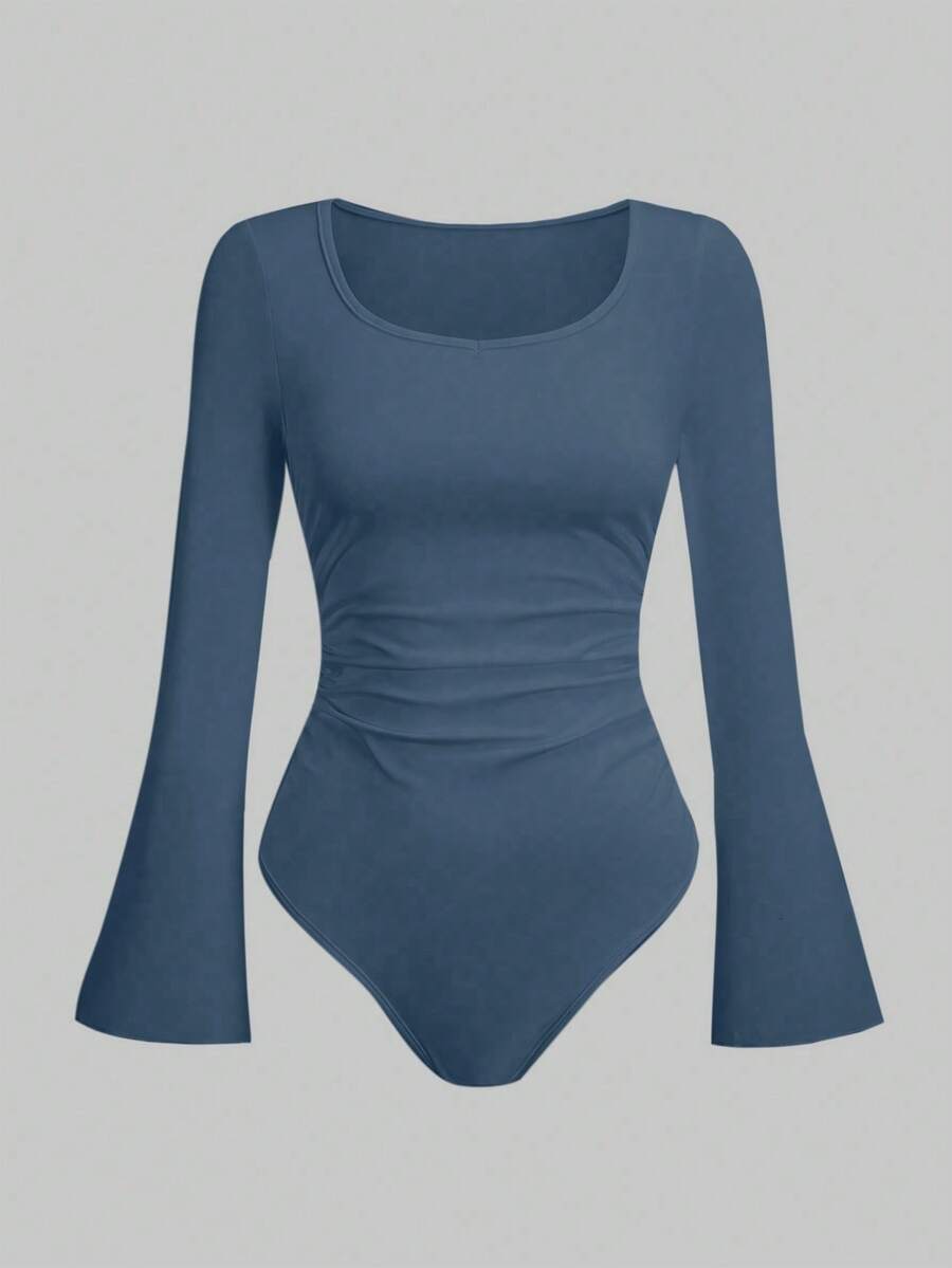 SHEIN Clasi Áo liền thân nữ màu trơn cổ tròn tay chuông, thích hợp cho mùa thu. - Màu xanh bụi bặm - Xem 1