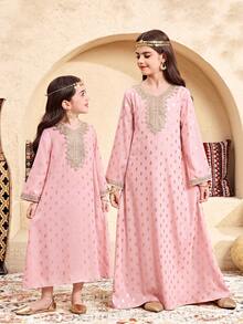 SHEIN رمضان Tween Girls' Casual Graphic Long Sleeve جلابيه  Dress الملابس التقليدية العربية