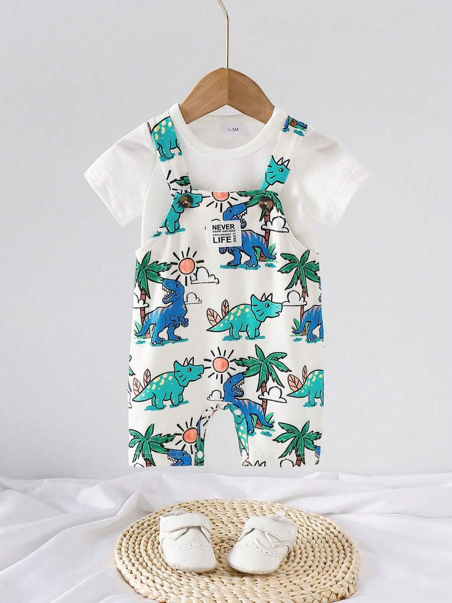 SHEIN 2pcs/Set Newborn Baby Boy Cotton Knit Short Sleeve T-Shirt & Dinosaur Printed Overalls, Casual Everyday Wear For Summer Indoor Outdoor,Baby Overalls,Newborn , Unisex Baby Clothes 0M-9M Baby Boy Clothes Summer Dinosaur Overalls Baby Boy Summer Romper Baby Boy Dinosaur Romper Baby Boy Clothes Dinosaur - Multicolor - View 1