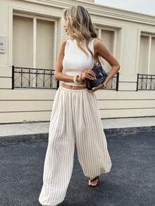 Siren Gaze Women's Line Print Casual Pants - Apricot - View 2