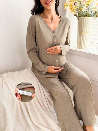 Moonlight & Mama 2pcs Solid Color Comfortable V-Neck Knit Cardigan And Pants Maternity Loungewear Set