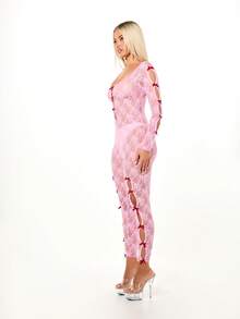 SUMWON WOMEN Lace Cut Out Detail Long Sleeve Bodysuit Jumpsuit With Ribbon Tie Accents And Transparent Design For Valentine - Pink - View 4