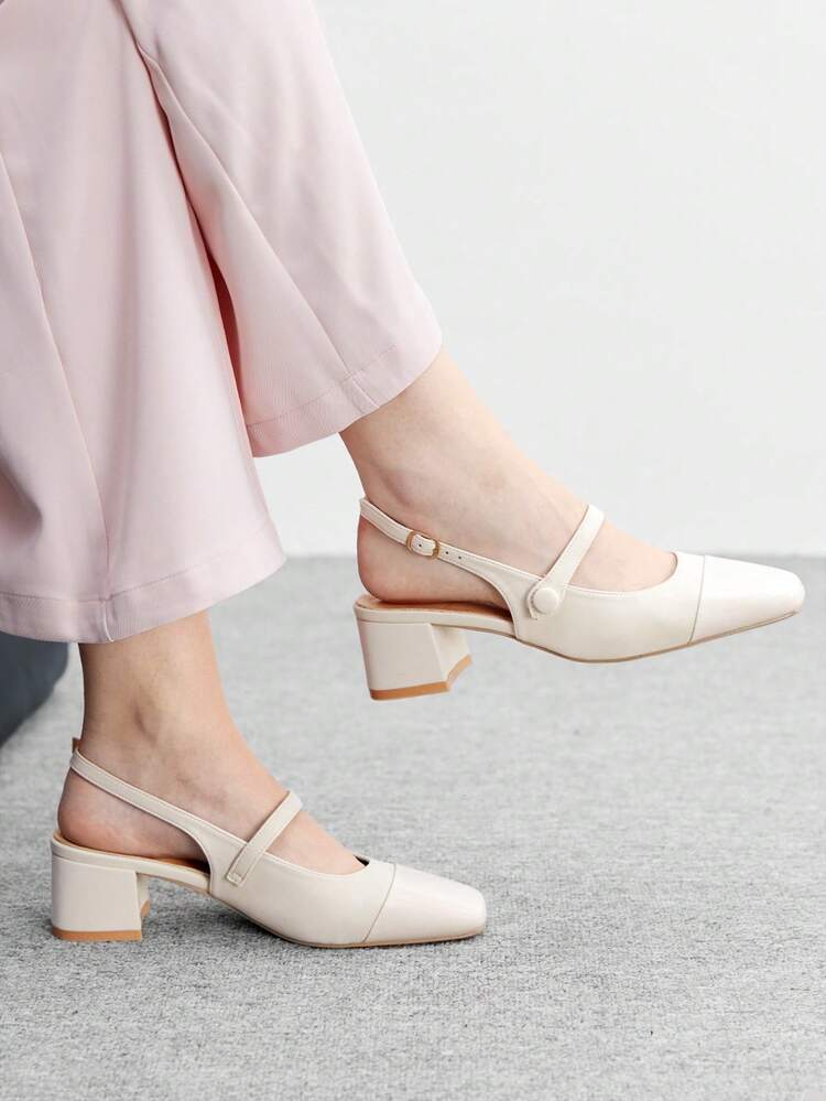 CUCCOO BIZCHIC Women's Square Toe Chunky Heel Black Backstrap Fashion All-Match Minimalist Versatile Commute Work Shoes, Ladies High Heel Mules Valentine's Day Spring Shoes