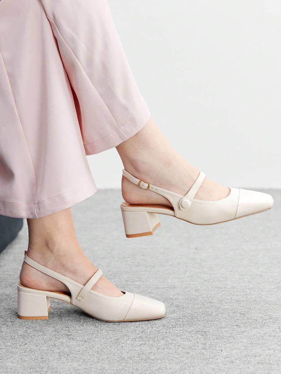 CUCCOO BIZCHIC 女士方头粗跟黑色后跟带时尚百搭简约通勤工作鞋，女士高跟穆勒鞋 - 米色 - 查看 1