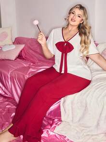 Conjunto de pijama con decoración de lazo, pijama de color contrastante para niñas, conjunto de pijama elegante y romántico con lazo rojo, conjunto de pijama talla grande con pantalón largo - Rojo y blanco - Ver 3
