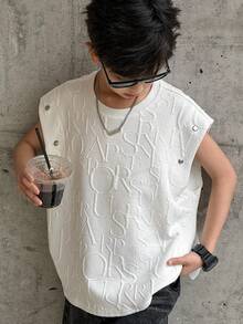 SHEIN 1pc Tween Boy Kids Comfortable Daily Versatile Loose Fit Japanese And Korean Style Simple Casual Texture Fabric Round Neck Sleeveless Knitted Top T-Shirt, Suitable For Spring And Summer Seasons, Daily Life, Sports, Campus, Gatherings, Festivals, Performances, Photography, Back To School Season - White - View 4