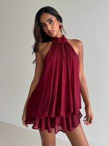 Aloruh Walentynki - Różowe satynowe szorty mini z falbanką w kontrastowym kolorze, codzienne, jednokolorowe, do noszenia w domu - Czerwony - Zobacz 4