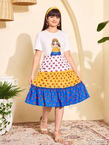这是两套女童服装。每套包含一件短袖圆领上衣（图案专为小女孩设计）和一条A字型松紧腰裙。上衣有黄色、白色和蓝色三种颜色可选，并饰有玫瑰图案。这两件套非常适合女孩日常休闲穿着，也适合夏季度假穿着。 - 彩色 - 查看 3