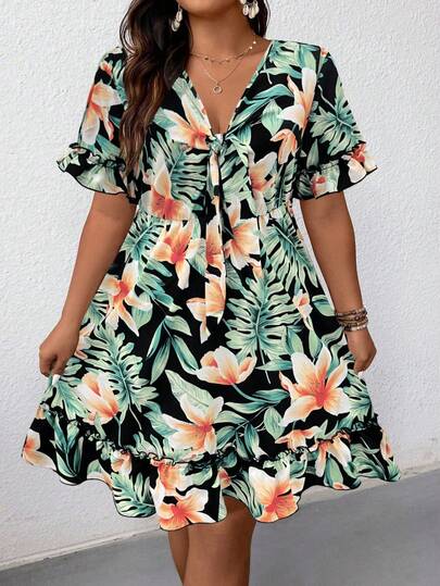 EMERY ROSE Plus Size Tropical Print Tie Front Casual Dress