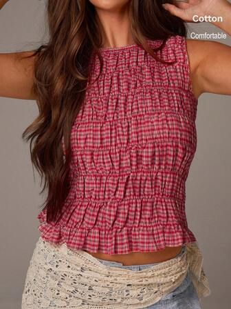 Athîral Women's Casual Plaid Smocked Crop Top ,Sleeveless Stretch Ruffle Blouse Summer Y2K Cottagecore Cute Red Tank