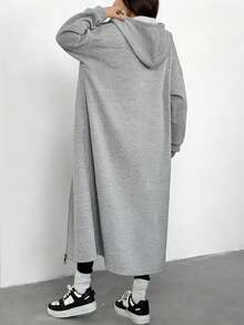 SHEIN ChillGRL Teens/Youth (Female) Casual All-Match Versatile Daily Wear & Activewear Hooded Zip-Up Long Knit Jacquard Cardigan, Autumn/Winter - Grey - View 8