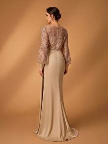 Serin 优雅奢华的薄纱长灯笼袖连衣裙，饰有串珠、亮片和缎面褶皱美人鱼裙摆，适合婚礼、派对、度假、舞会、新娘母亲晚礼服（装饰繁复） - 香檳色 - 查看 3