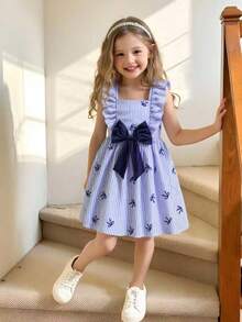 SHEIN Vintaside Kids 女童蓝白条纹方领荷叶袖连衣裙，饰有3D蝴蝶结，蝴蝶结印花，宽松版型，甜美法式公主裙，夏季 - 寶藍色 - 查看 8