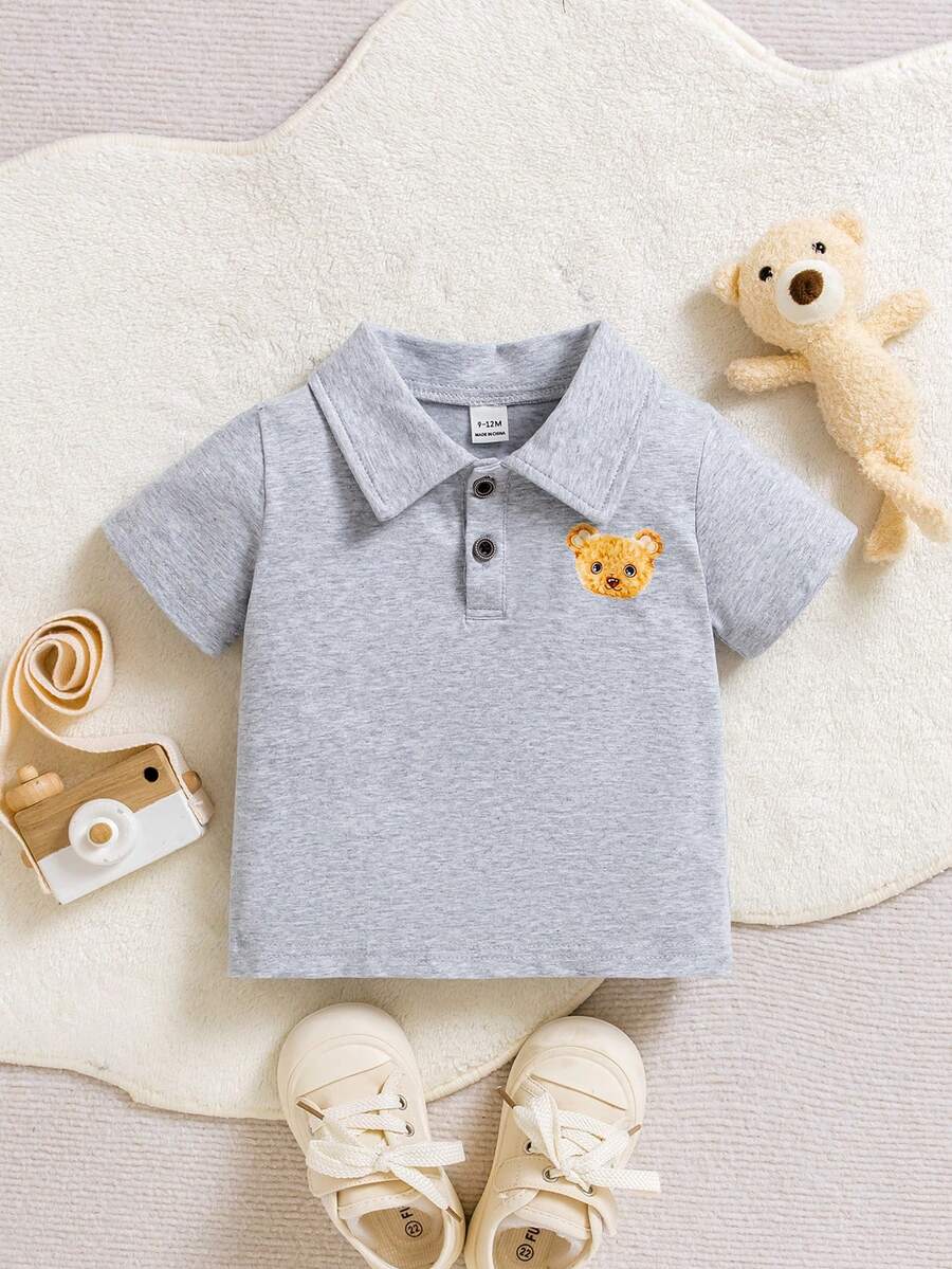 SHEIN 男婴休闲小熊印花短袖Polo衫，夏季 - 淺灰色 - 查看 1