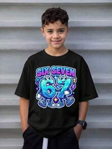 Playera para niño estilo urbano con estampado de números caricatura algodón suave corte holgado manga corta verano uso escolar y al aire libre playera - Negro - Ver 1