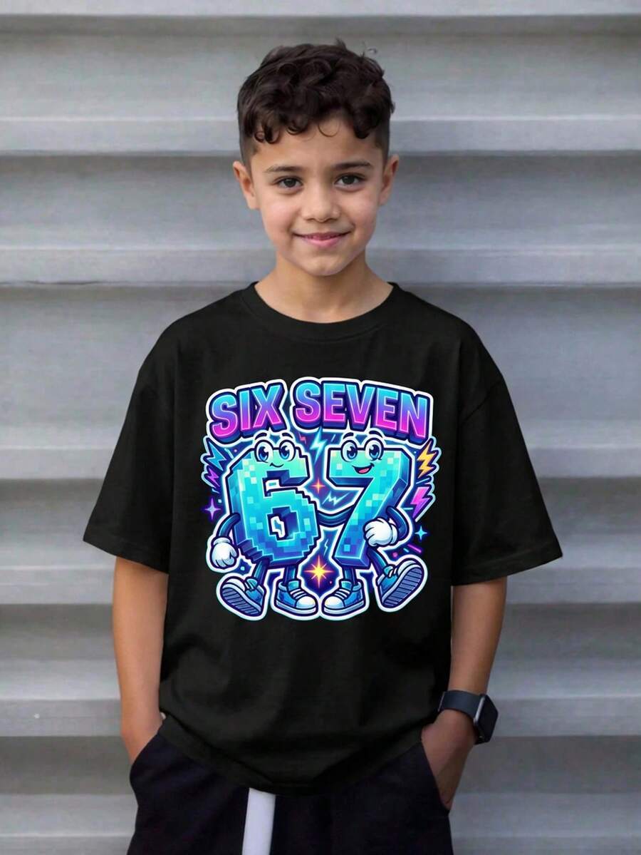 Playera para niño estilo urbano con estampado de números caricatura algodón suave corte holgado manga corta verano uso escolar y al aire libre playera - Negro - Ver 1