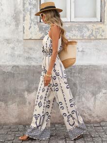 Brillora Bộ jumpsuit không tay in họa tiết phong cách Bohemian, hở lưng, thắt eo, có túi, dành cho nữ, thích hợp mặc đi nghỉ mát, mùa xuân/hè. - Nhiều màu - Xem 6