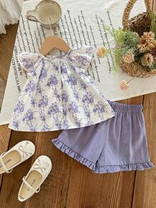 LMoss Kids 2件套女婴花卉刺绣短袖上衣和绿色短裤套装，夏季 - 彩色 - 查看 3