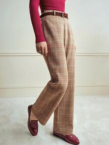 Franclia 法式复古时尚格纹羊毛西装套装，配腰带，休闲长裤，秋冬百搭裤，教师裤，直筒西装裤，秋季套装，女士冬季服装裤装 - 彩色 - 查看 3