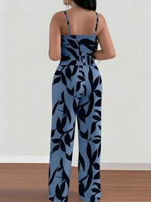 Silhoulove 2 件套女式花卉印花细肩带松紧腰系带蝴蝶结裙裤连体裤 - 藍色 - 查看 2