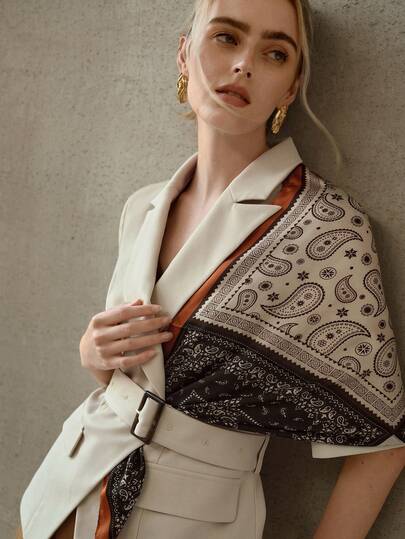 MOTF PREMIUM 杏色短袖时尚西装外套，配可拆卸围巾，优雅女士办公着装