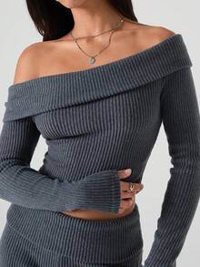 SHEIN EZwear 2 件套女士纯色露肩长袖短款上衣和喇叭裤时尚套装，春夏 - 灰色 - 查看 5