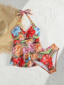 Swim Lushoire Women's Beach Spring/Summer Music Festival Flower Printed Ruffle Hem Halter Metal Jewelry Mature Fashion Women's Swimming Skirt Set - Multicolor - View 6