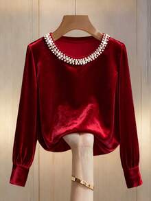 Franclia Minimalist Commuter Round Neck Long Sleeve Rhinestone Embellished Loose Velvet T-Shirt Dark Red Top Velvet Top Pearl Top Red Blouses Bling Top - Red - View 1