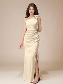 Bridesmaid High-End Sense Teenage Girl One Shoulder Bow Pleated Slit Long Dress, Suitable For Prom, Wedding, Birthday Party, Performance - Champagne - View 3