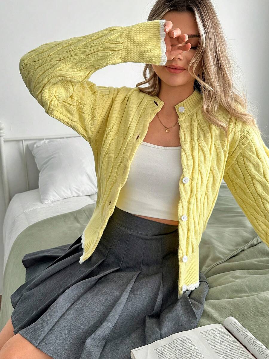SHEIN Butter Yellow Cardigan With Cable And Embroidery - Light Yellow - View 1