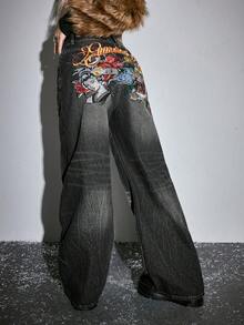 ROMWE J-Fashion 秋冬新款中国风虎头艺伎图案英文刺绣低腰复古女式牛仔裤 - 灰色 - 查看 5