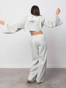 SURIMA 3pcs Women Casual Basic Grey Color Long Sleeve Cropped Top, Camisole, And Loose Pants Set - Light Grey - View 4