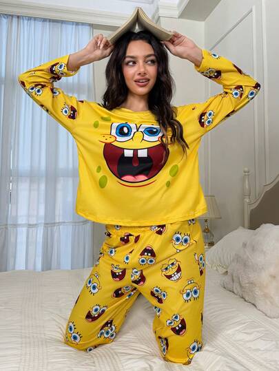 SpongeBob SquarePants | SHEIN 女士卡通可爱趣味印花圆领长袖上衣和裤子，秋冬女士睡衣套装 黄色卡通睡衣