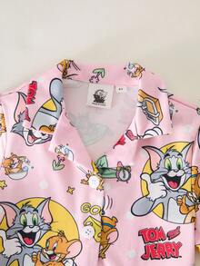 TOM & JERRY X SHEIN 女童夏季可爱卡通字母图案翻领短袖衬衫和短裤睡衣套装 - 粉色 - 查看 3